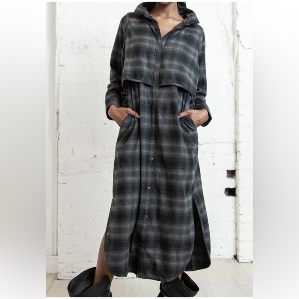 Nicholas K‎ Ronin Plaid Convertible Shirt Gray/ Black Dress Size Medium
